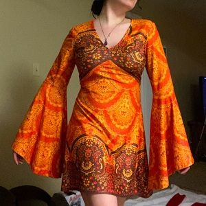 Boho Mini Dress w/ Huge Bell Sleeves and V Neck